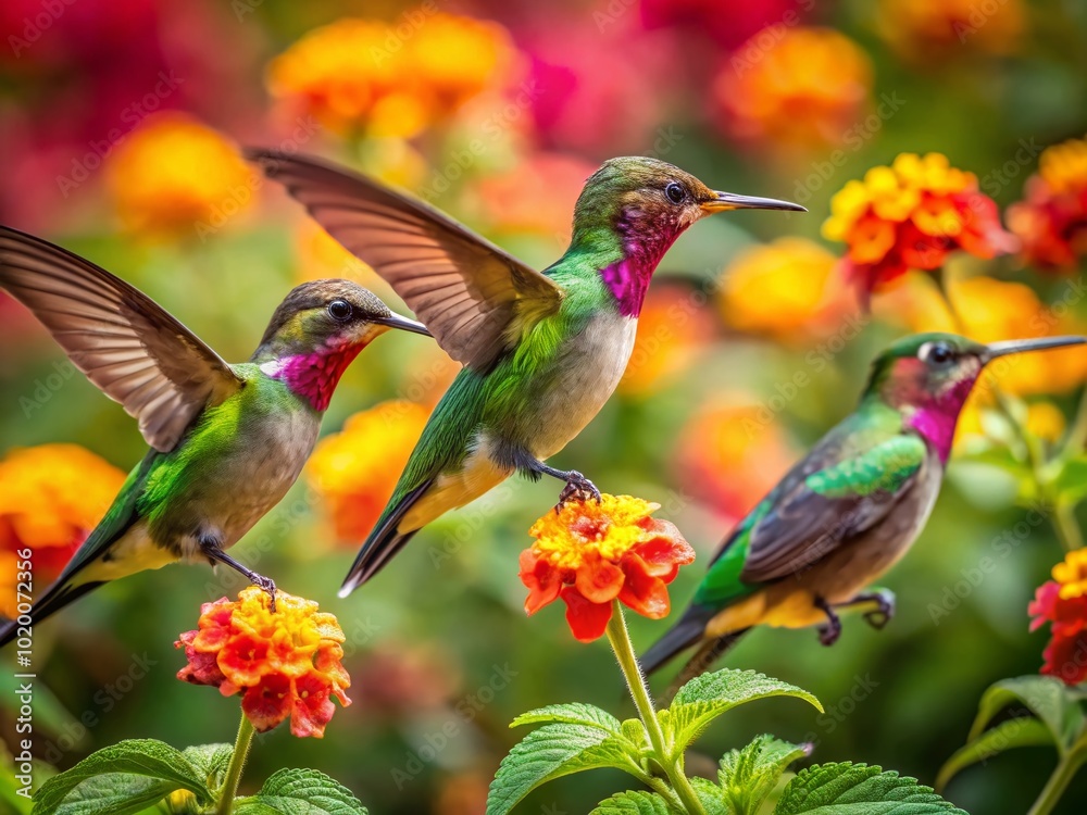 Fototapeta premium Vibrant Hummingbirds Feeding on Colorful Flowers in South Texas Natural Habitat and Scenic Landscape