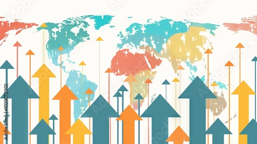 Abstract global business concept with graphs and upward arrows depicting economic growth, international market trends, and financial data analysis