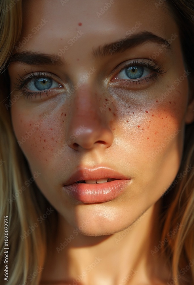 Close-up portrait of woman with bright blue eyes and freckles, natural sunlight casting shadows on face, beauty and nature photography Close-up portrait of woman with bright blue eyes and freckles, natural sunlight casting shadows on face, beauty and nature photography
