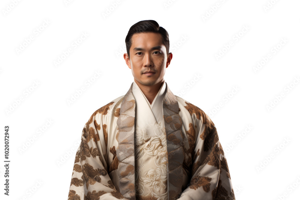A man in traditional attire standing confidently against a white isolated background. A man in traditional attire standing confidently against a white isolated background.