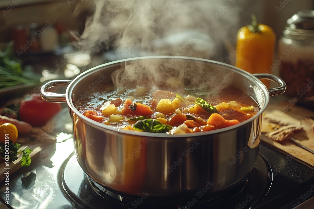 A pot of vegetable soup simmering on the stove with ingredients scattered around. Warm kitchen light. Cooking background.