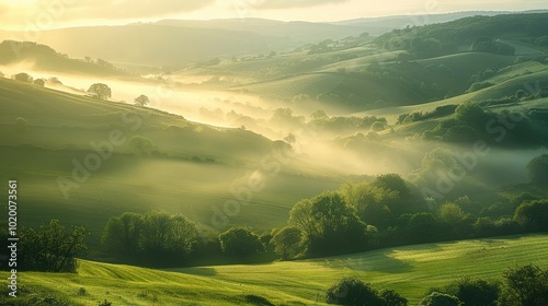A misty countryside with rolling green hills and soft sunlight.