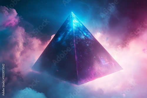 A futuristic holographic pyramid suspended in midair, with light beams shooting from its corners