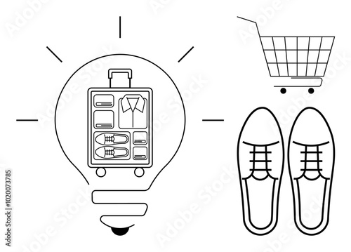 A light bulb containing a well-organized suitcase with neatly packed clothing. Nearby are a shopping cart and a pair of shoes. Ideal for travel planning, packing tips, online shopping, organization