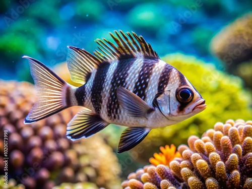 Vibrant Juvenile Spotted Drum Fish Swimming in Clear Tropical Waters of the Coral Reef Ecosystem