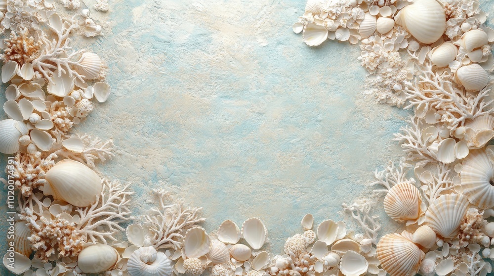 Obraz premium Seashells and Coral on a Blue and White Textured Background