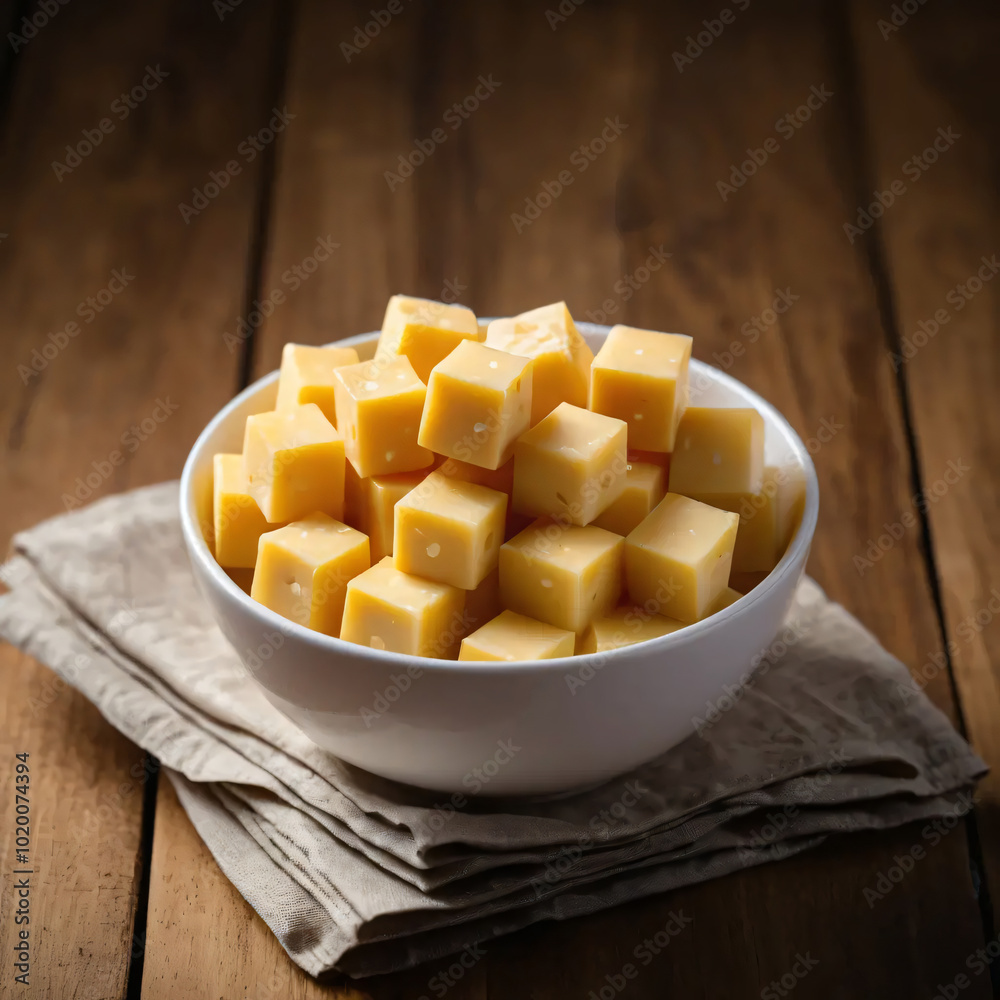 Appetizing Cheese Dices in a White Dish: Rustic Cheese Board Presentation with Wooden Background Appetizing Cheese Dices in a White Dish: Rustic Cheese Board Presentation with Wooden Background