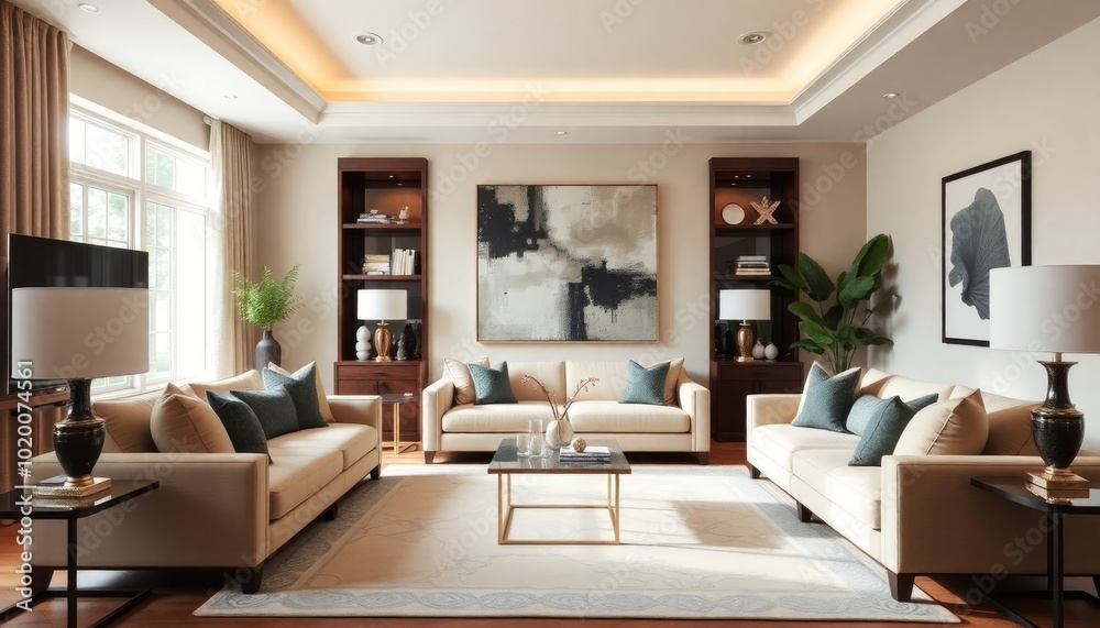 Living room featuring a focus on symmetry, with matching furniture pieces, an elegant color palette, and a large piece of abstract art that serves as the focal point. Living room featuring a focus on symmetry, with matching furniture pieces, an elegant color palette, and a large piece of abstract art that serves as the focal point.