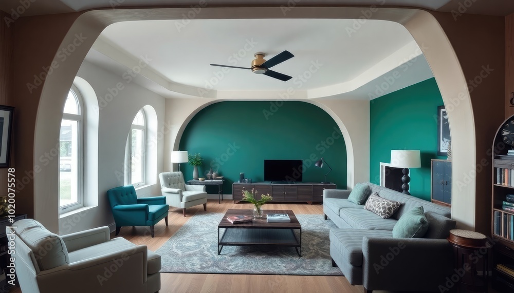 Living room with unique architectural features, showcasing curved walls, a mix of vintage and modern furniture, and a bold accent wall in deep green. Living room with unique architectural features, showcasing curved walls, a mix of vintage and modern furniture, and a bold accent wall in deep green.