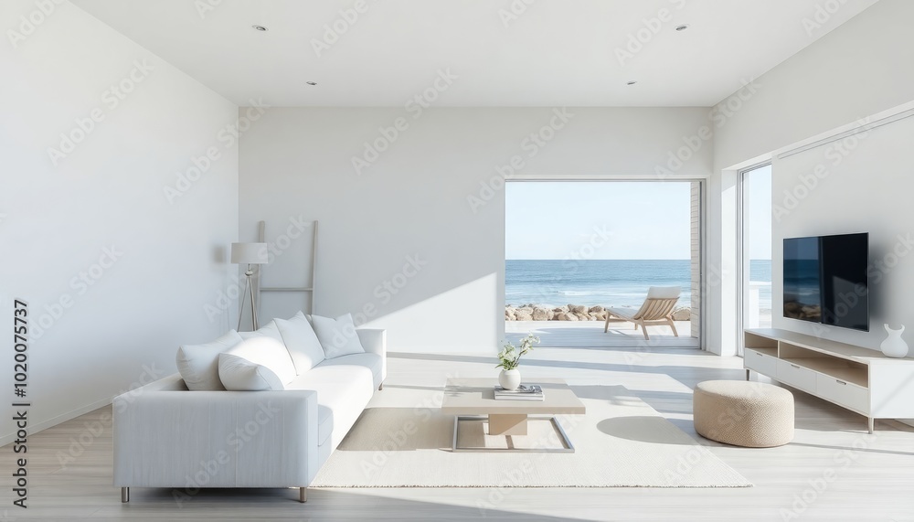 Minimalist living room in a coastal setting, light gray walls with a smooth finish, white linen sofa, and a large glass sliding door that opens to an ocean view. Minimalist living room in a coastal setting, light gray walls with a smooth finish, white linen sofa, and a large glass sliding door that opens to an ocean view.