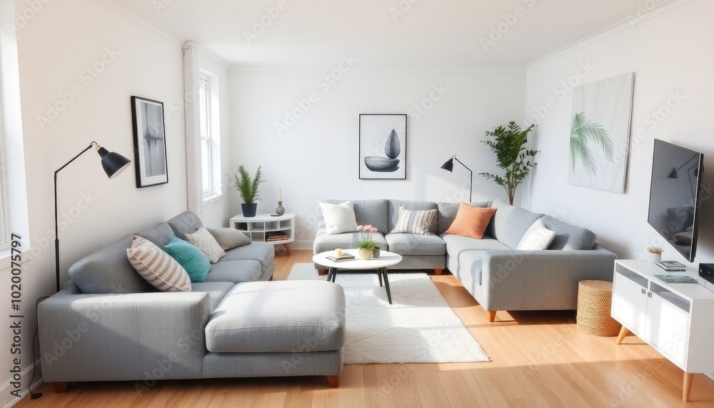 Cozy Scandinavian living room with a modern touch, featuring white walls, light wood flooring, and a plush gray sectional. The space is styled with minimal decor and a few personal touches. Cozy Scandinavian living room with a modern touch, featuring white walls, light wood flooring, and a plush gray sectional. The space is styled with minimal decor and a few personal touches.