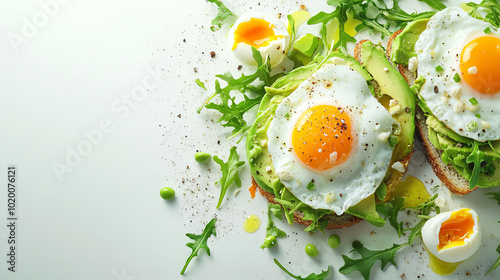 Obraz na płótnie Delicious avocado toast topped with fried eggs and fresh greens on a pristine white background. w salonie