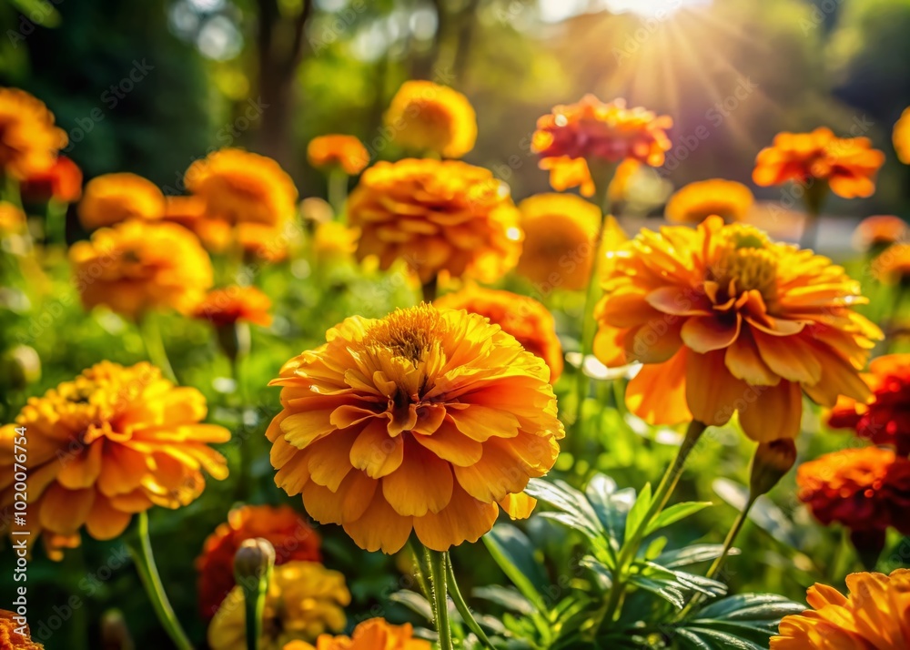 Vibrant Mary's Gold Flowers Blooming in a Sunlit Garden with Green Foliage Background Vibrant Mary's Gold Flowers Blooming in a Sunlit Garden with Green Foliage Background