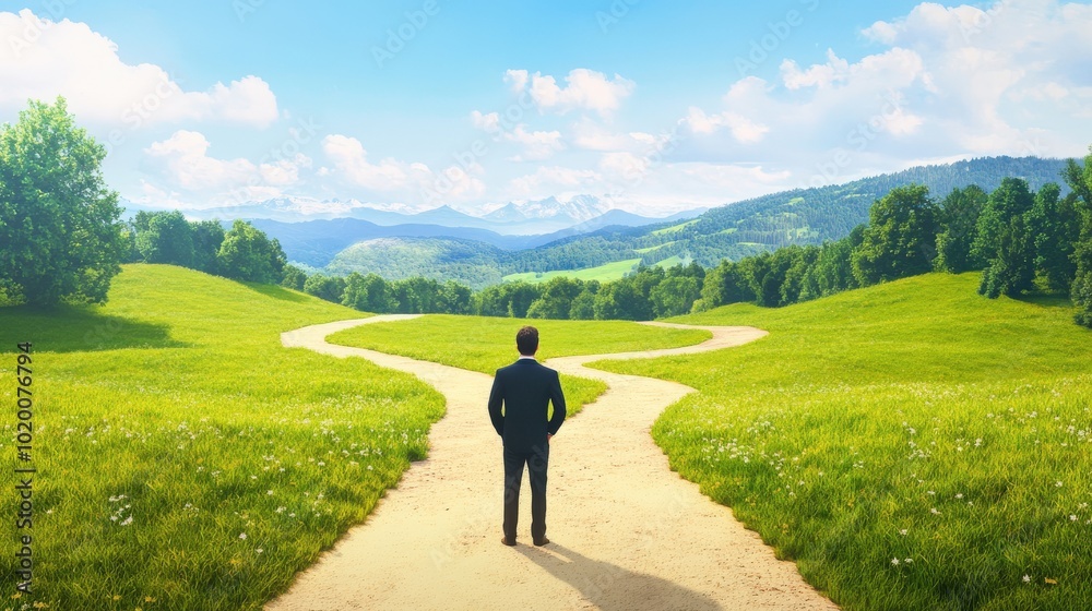 Fototapeta premium A person on two roads chooses the best chances for environmental protection