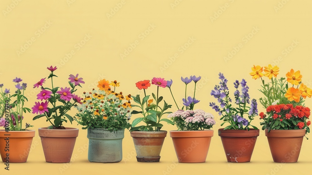 Fototapeta premium Various flowers in decorative pots showcase their vibrant colors against a soft background, creating a cheerful display. Generative AI