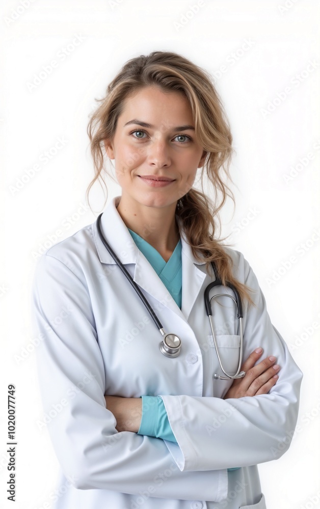 Confident female doctor smiling with crossed arms wearing a lab coat on a white background Confident female doctor smiling with crossed arms wearing a lab coat on a white background