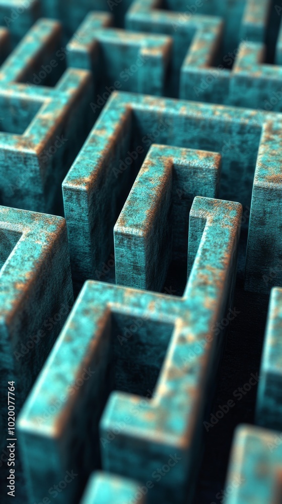 A detailed view of a turquoise maze showcases its complex design, with uniquely interlocking paths and high walls illuminated by daylight A detailed view of a turquoise maze showcases its complex design, with uniquely interlocking paths and high walls illuminated by daylight