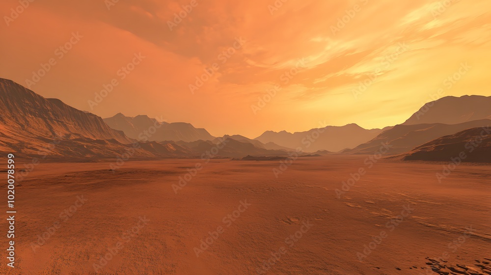A vast, red desert landscape on Mars with mountains in the background. A vast, red desert landscape on Mars with mountains in the background.