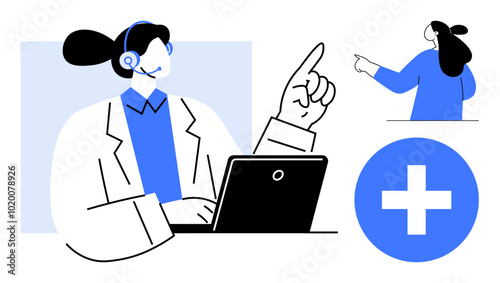 Medical professional sitting at a desk wearing a headset participating in a virtual consultation. Ideal for telemedicine, online healthcare, medical advice, health technology, virtual consultation