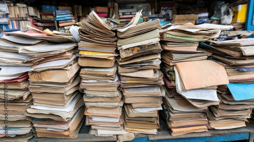 Stacks of worn, old books and papers collected in a busy market in the early morning light, showcasing the charm of forgotten literature