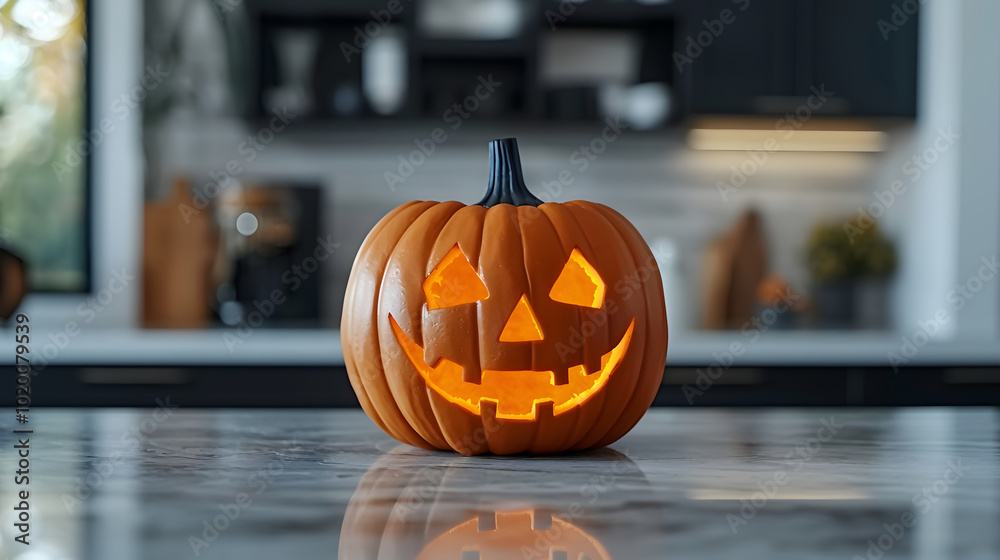 Cheerful Halloween pumpkin glowing on a kitchen countertop in autumn. Generative by AI Cheerful Halloween pumpkin glowing on a kitchen countertop in autumn. Generative by AI
