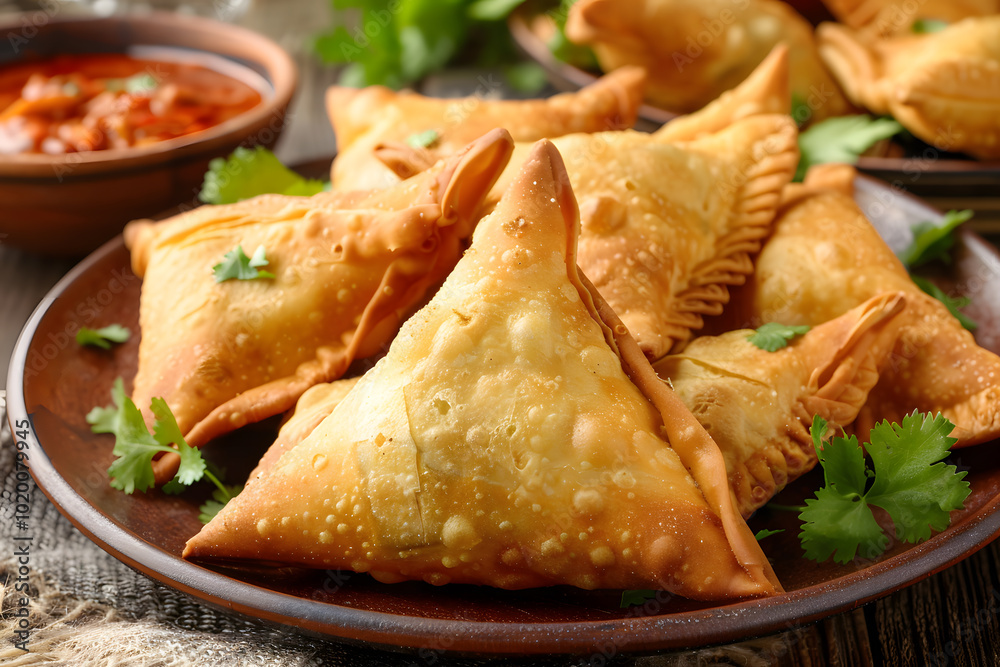 Golden, perfectly crispy samosas filled with spiced meat or vegetables, fried to a crunchy texture for a delicious snack. Golden, perfectly crispy samosas filled with spiced meat or vegetables, fried to a crunchy texture for a delicious snack.
