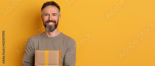 Cheerful Man Holding Boxes Against a Bright Yellow Background A Symbol of Shipping and Delivery Services photo