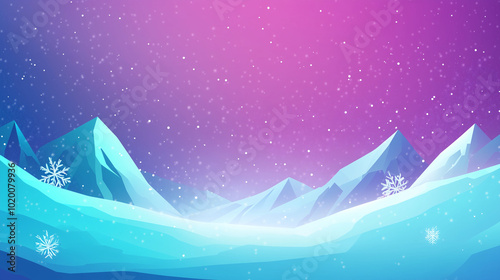 Snowy mountain landscape with starry sky and pink-purple gradient