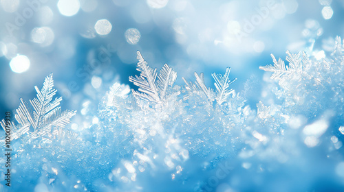 Close-up of delicate snowflakes on blue frosty background