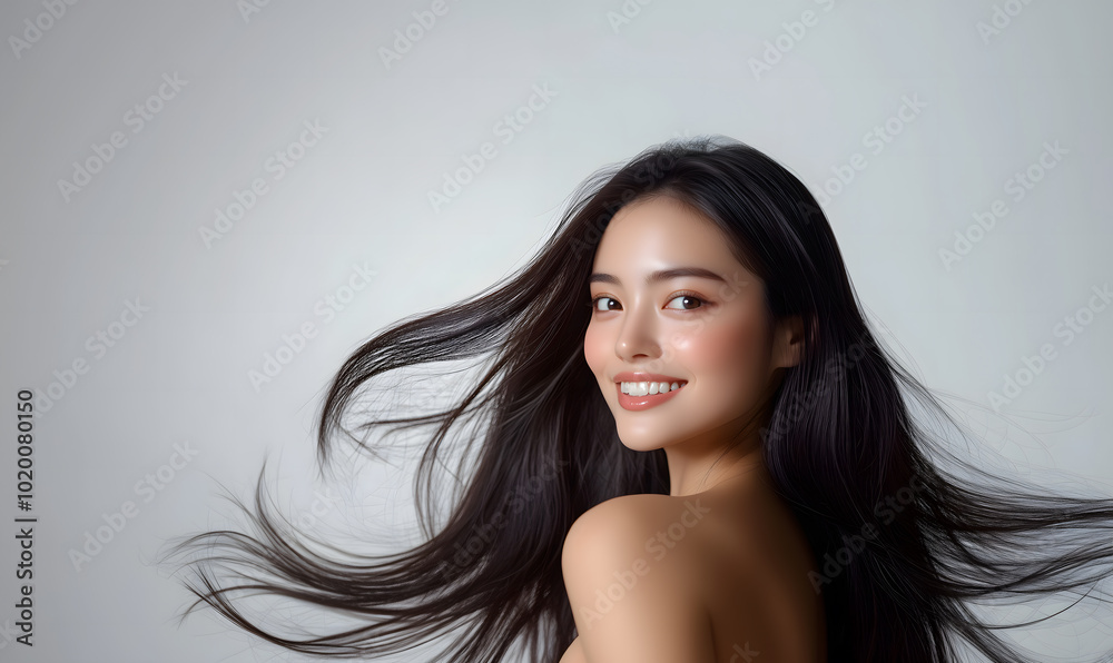 Portrait of a smiling woman with long, beautiful hair and elegant makeup in a studio. Suitable for advertising hair, beauty, skincare, spa. Generative ai Portrait of a smiling woman with long, beautiful hair and elegant makeup in a studio. Suitable for advertising hair, beauty, skincare, spa. Generative ai