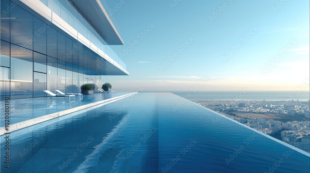 A luxury hotel, glass, Minimalist, Terraces on 15th floor, infinity swimming pool.