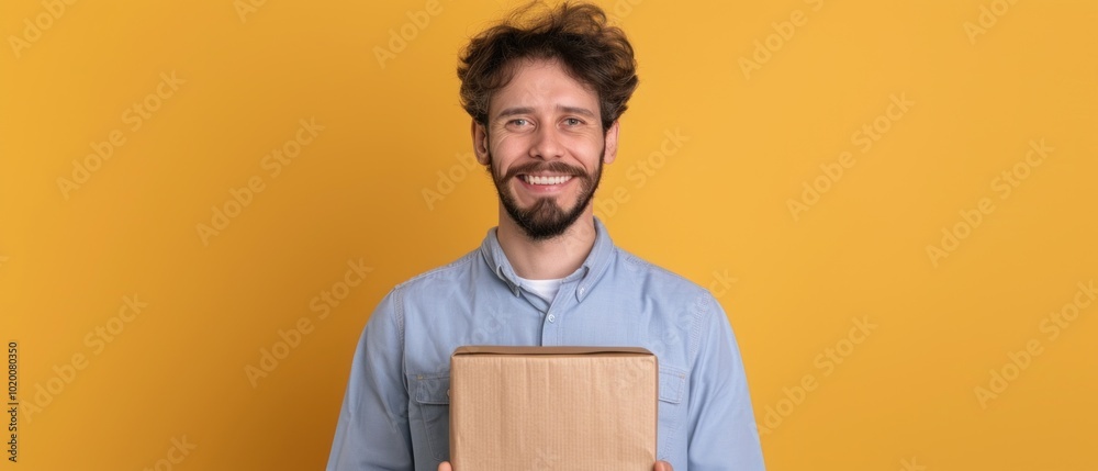 Smiling Man Holding a Package Against a Bright Yellow Background A Portrait of Delivery Enthusiasm Smiling Man Holding a Package Against a Bright Yellow Background A Portrait of Delivery Enthusiasm
