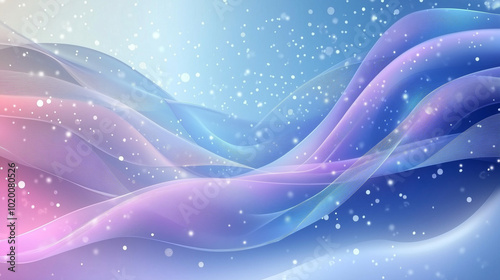 Abstract wavy landscape with snowfall and pink-blue gradient