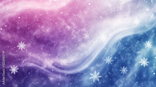 Abstract flowing waves with snowfall and pink-blue gradient background