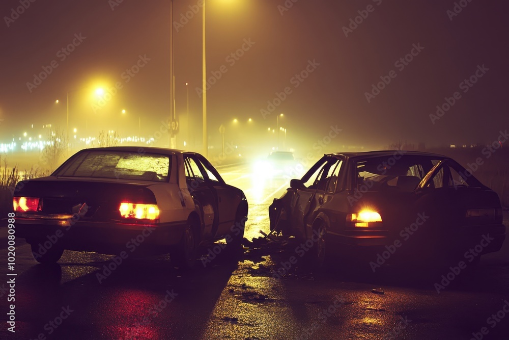 Abandoned cars on a foggy road illuminated by streetlights during the nighttime hours Abandoned cars on a foggy road illuminated by streetlights during the nighttime hours