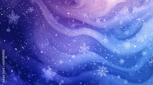 Snowfall over abstract waves with pink and blue gradient background