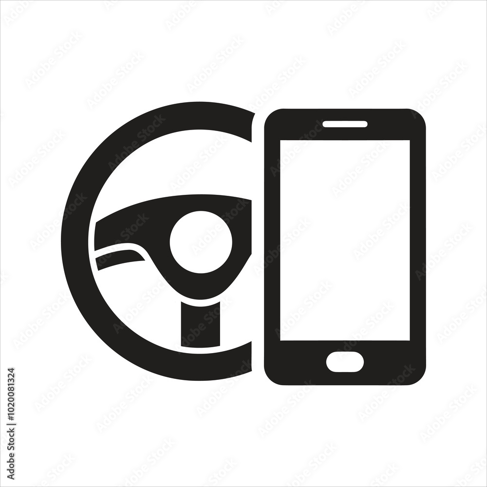 Steering wheel icon. Driving car. Using a mobile phone while driving icon Steering wheel icon. Driving car. Using a mobile phone while driving icon