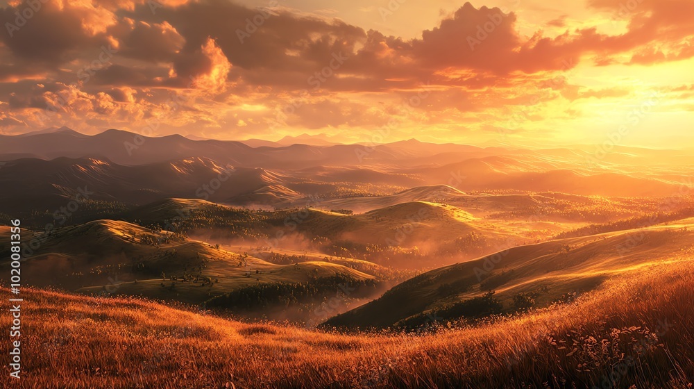 Golden sunset over a rolling mountain range with mist and clouds. Golden sunset over a rolling mountain range with mist and clouds.