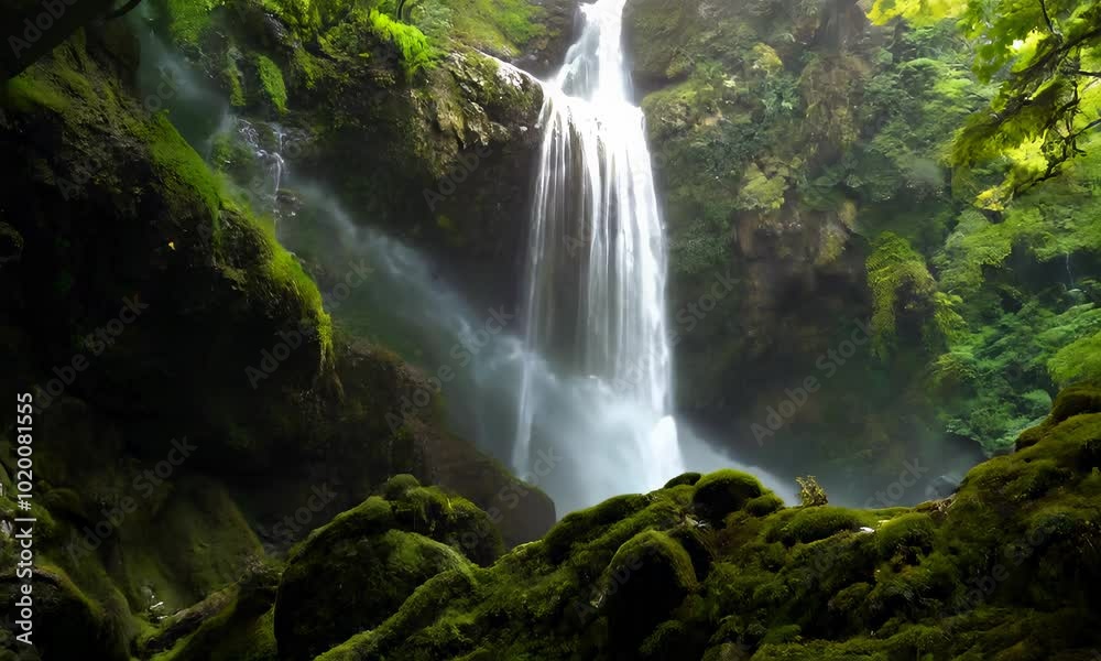 A majestic waterfall cascades down moss covered rocks in a lush green forest. A majestic waterfall cascades down moss covered rocks in a lush green forest.