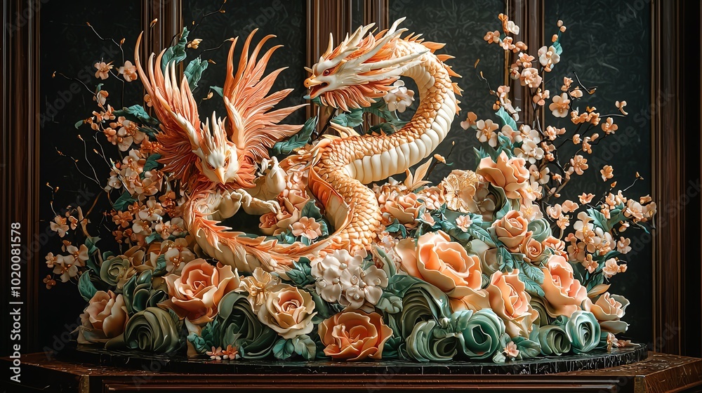 Obraz premium A lavish, ornate cake featuring a dragon and phoenix entwined among blooming roses and orchids, against a regal backdrop