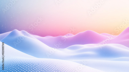 Winter sunrise over snowy mountains with pastel pink and blue sky