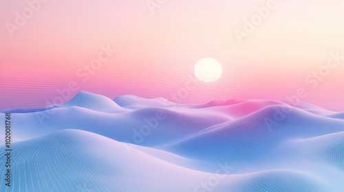 Winter sunrise over snowy mountains with pastel pink and blue sky