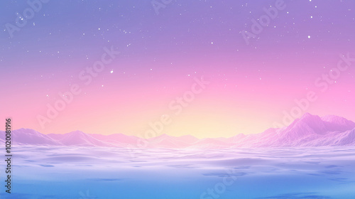 Winter sunrise over snowy mountains with pastel pink and blue sky