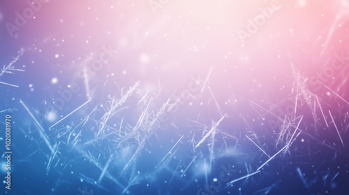 Frost-covered branches with soft pastel pink and blue background