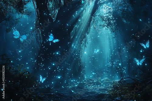 A magical forest with bioluminescent plants and fairylike creatures fluttering through the air