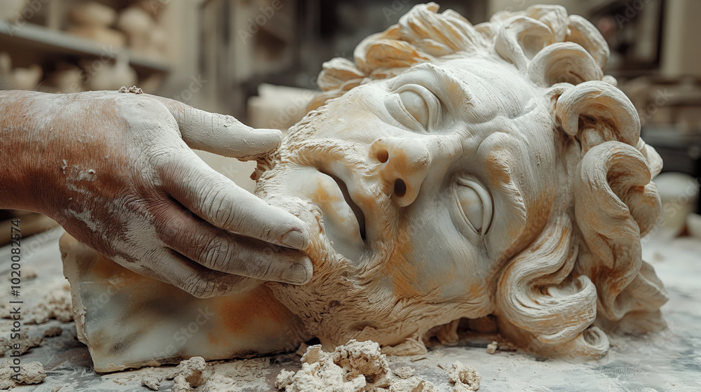 Artist molding a clay sculpture of a female face.Detailed hands of a sculptor working on a clay sculpture of a female face, showing technique and precision Artist molding a clay sculpture of a female face.Detailed hands of a sculptor working on a clay sculpture of a female face, showing technique and precision