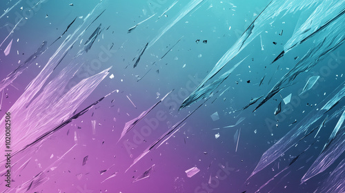 Abstract shattered glass shards with pink and teal gradient background
