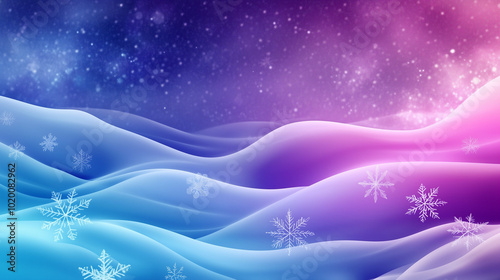 Abstract winter landscape with snowflakes and colorful gradient sky