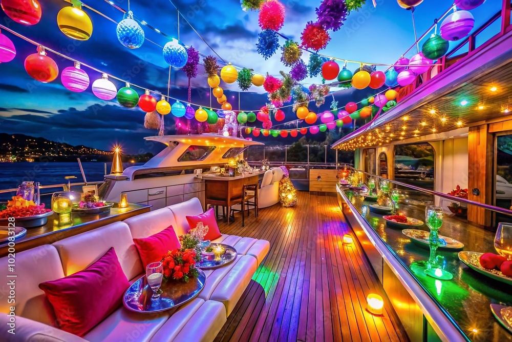 Vibrant Party Atmosphere on a Luxury Yacht with Colorful Decorations and Festive Accessories Vibrant Party Atmosphere on a Luxury Yacht with Colorful Decorations and Festive Accessories