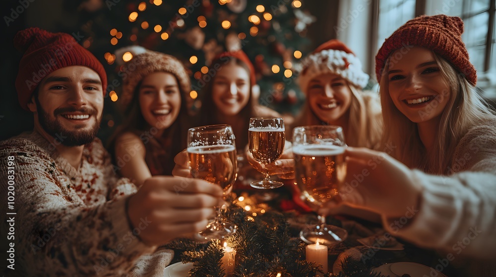 Close-up of a smartphone screen showing friends exchanging New Year wishes online, bright lights and festive hats Close-up of a smartphone screen showing friends exchanging New Year wishes online, bright lights and festive hats